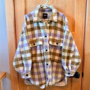Zara Checkered Jacket in Cream and Brown/ purple blue button jacket flannel